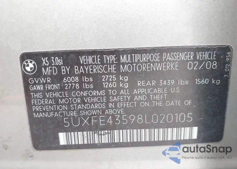 2008 BMW X5 3.0Si z USA, uszkodzony, nr VIN 5UXFE43598L020105